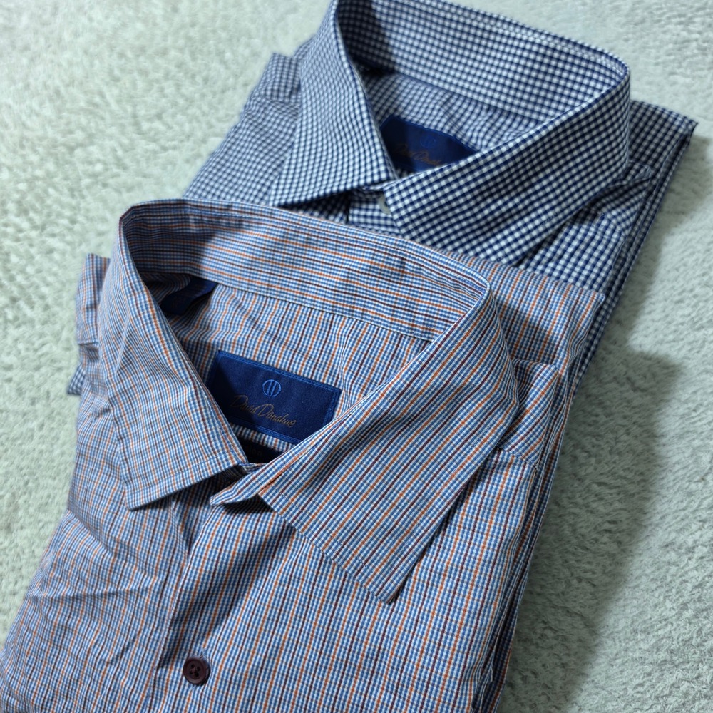 2 Pack! David Donahue Dress Shirt Mens XL 17.5 Blue Orange Plaid Gingham Stretch